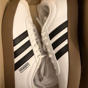 Adidas Men's White and Black Sneakers with Brown Sole